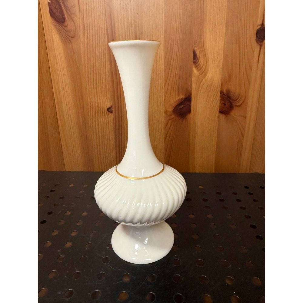 Lenox Ivory China Bud Vase Gold Trim Ribbed Swirl Made in USA 7"
